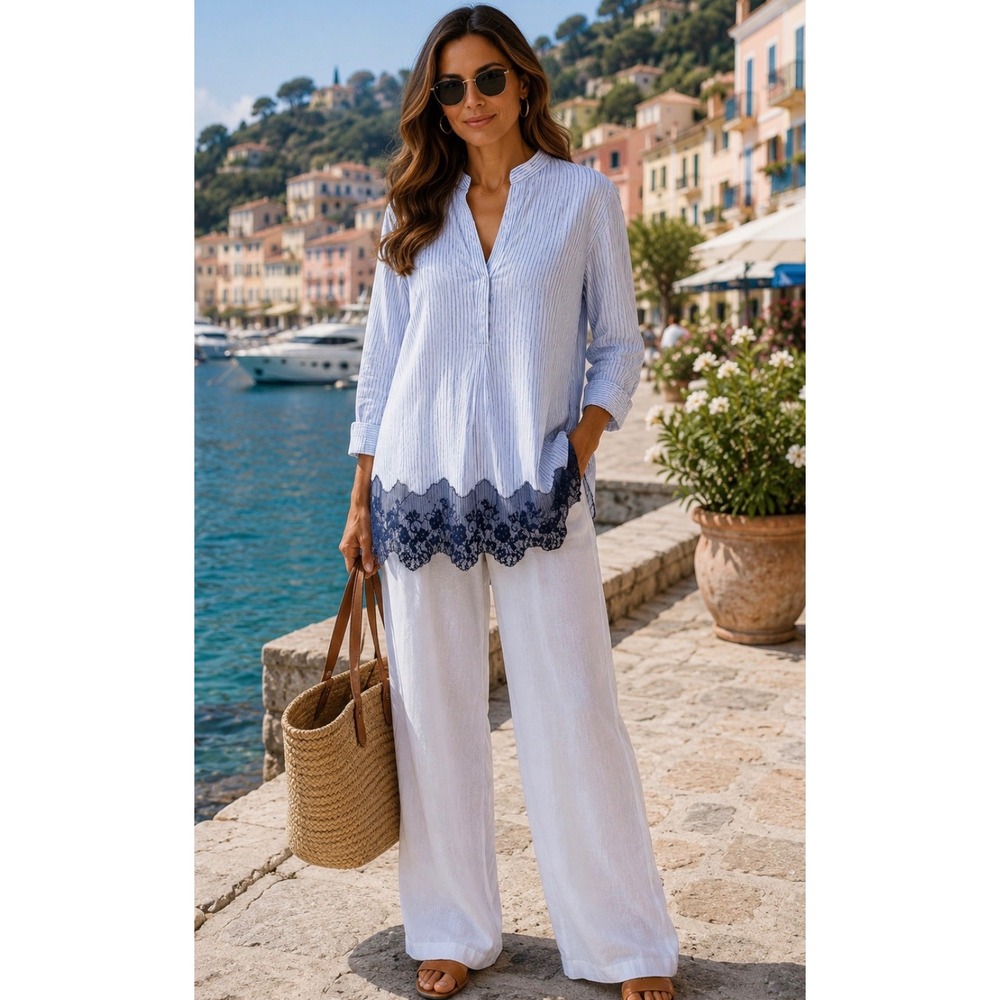 MAX VOLMARY  Blue White Stripe Popover Shirt Tunic Lace Detail US 14 Old Money
